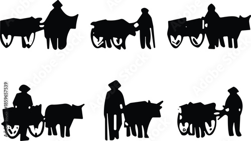 Silhouette ox cart figures, black and white rural transport art, traditional farming scene, livestock haul concept illustration
