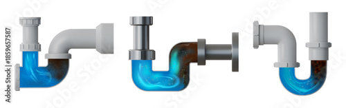 Pipe drain. Clean water clog in toilet. Sink cleaner in blocked bathroom siphon. Clear or dirt liquid sewerage. Washbasin sanitation unclog fix. Vector isolated realistic objects set