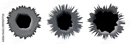 Realistic bullet hole impact effects with jagged and sharp edges on a dark background isolated on transparent background