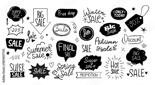 Hand drawn bubbles. Speech sticker shape, price label balloon cloud or vintage sale offer. Super comic discount. Special marketing phrases, tags and promotion text. Vector banner