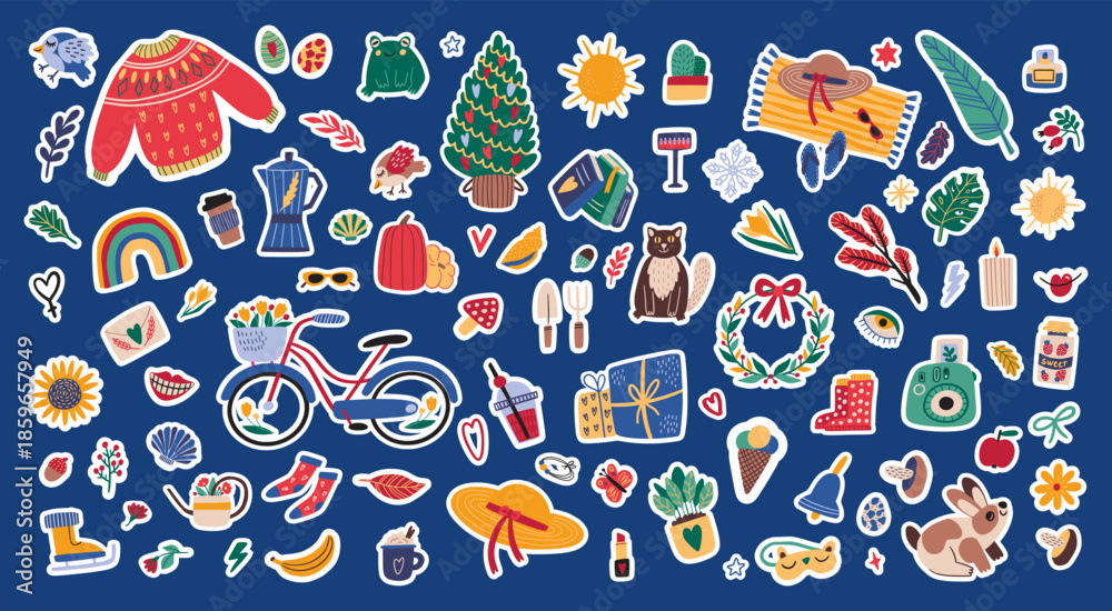 Fototapeta premium Cute scrapbook stickers. Planner memo icons. Seasonal weather. Clothes or accessory. Labels collection. Flowers and winter gift. Casual sweater for autumn. Beach blanket. Vector symbols set