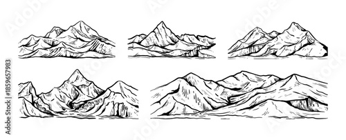 Mountain sketch. Hand drawn graphic hiking range, vintage line art hill climbing landscape minimal elements. Rock with peak. Nature background, black and white geology. Vector illustration
