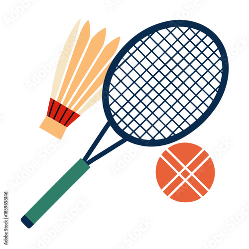 Vibrant badminton racket and shuttlecock on white background