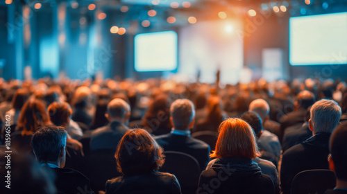 Audience attending a professional seminar or conference in a large hall with presenters visible on illuminated screens at the front of the room