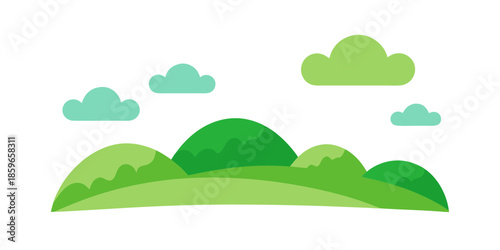 flat green hills with clouds children s illustrat for web and graphic design