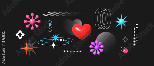 3D objects. Abstract shapes composition. Glossy plastic icon. Halftone dots or line forms collage. Trendy acid sticker. Retro geometric digital button. Art banner design. Vector background