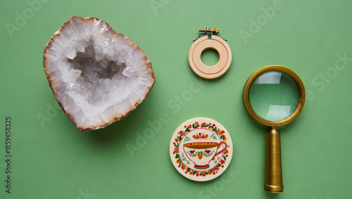 Artistic Still Life Composition Featuring Geode, Embroidery Hoop, Magnifying Glass, and Decorative Coaster on a Solid Green Background