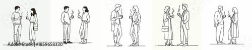 vector line art of a man and a woman stand enjoying coffee