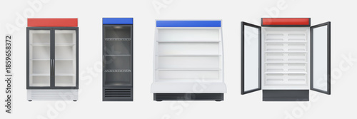 Supermarket chiller. Shop food freezer. 3D empty store shelf. Grocery cooler door with glass display. Commercial fridge. Open and close freezing rack. Vector furniture isolated set