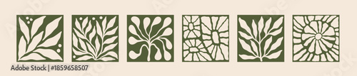 Abstract leaf set. Organic flower shape, vintage art form elements or retro simple floral drawing. Square frame. Botanical branches, print or card blossom silhouette. Vector hand drawn design