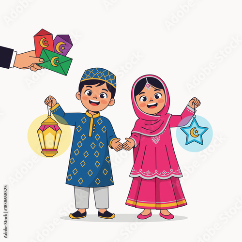 Happy Muslim children celebrating Eid al-Fitr, holding lanterns and receiving Eidi envelopes from an adult hand, symbolizing joy and tradition.
