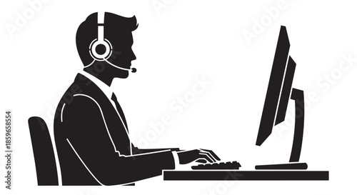 Professional man wearing a headset working on computer, providing customer service support