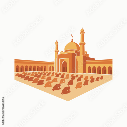 An illustration of a large mosque with a golden dome and minarets, surrounded by a courtyard where numerous stylized figures are performing Islamic prayer.