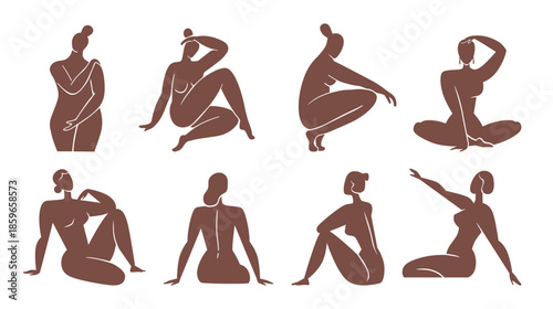 Woman body silhouette. Matisse style isolated people in different poses. Minimal drawing, contemporary naked female characters. Beautiful boho style girls. Abstract person. Vector flat set
