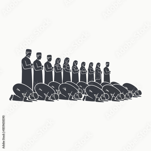 Illustration of Muslim men and women performing congregational prayer, showing both standing and prostrating positions in a mosque.