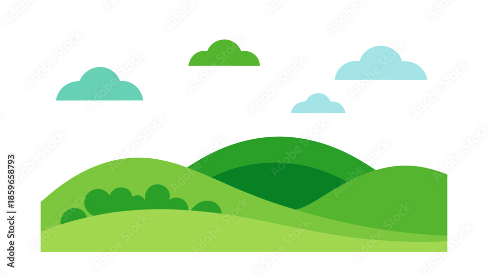 Fototapeta premium green hills with sky clouds minimalist flat illus for web and graphic design