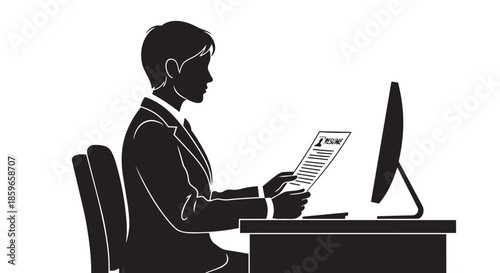 A person reviews a resume at a desk with a computer, symbolizing job application or hiring