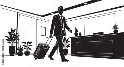 Businessman with luggage arriving at a modern hotel lobby or office reception area