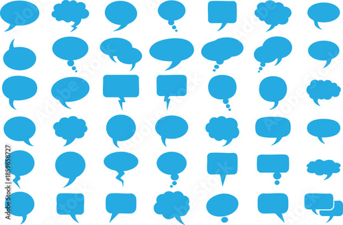 A collection of various blue speech bubbles and thought bubbles arranged in a grid pattern on a white background