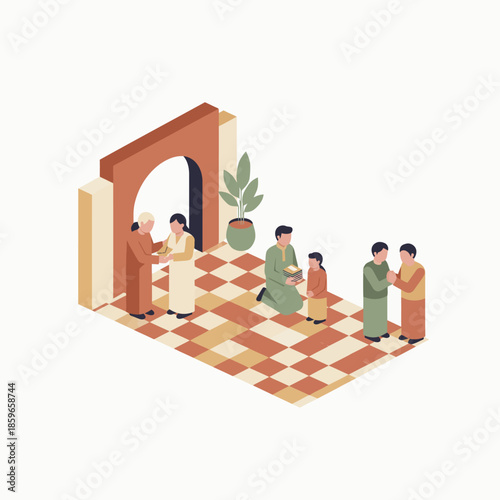 Isometric illustration of people celebrating a cultural or religious event, exchanging greetings and gifts in a traditional setting.