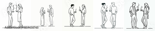 vector line art of a man and a woman stand enjoying coffee