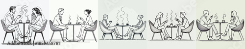 vector line art of a man and a woman sit on cafe enjoying coffee