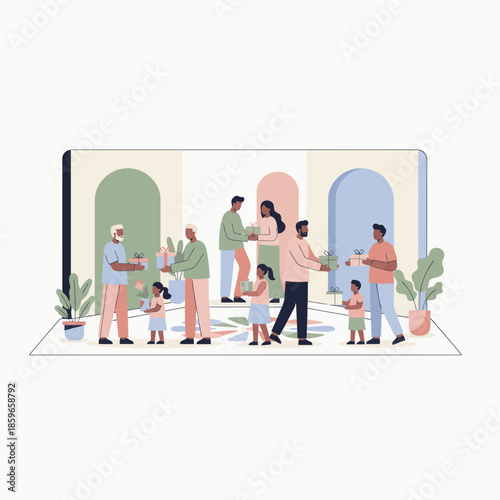 Diverse families and individuals of all ages exchanging gifts and plants in a warm, inviting indoor community setting, fostering connection and generosity.
