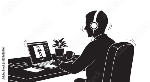 Engaged professional communicating through a virtual video conference call on a laptop