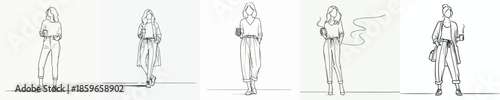 vector line art full body of a woman standing relaxed enjoying coffee