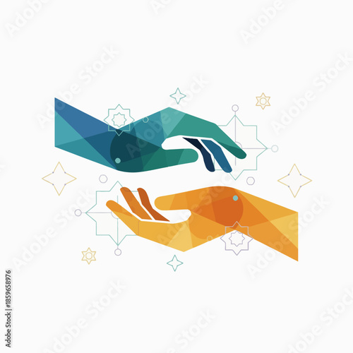 Abstract geometric hands in blue-green and orange-yellow reaching towards each other, symbolizing connection, support, and interaction with subtle patterns.