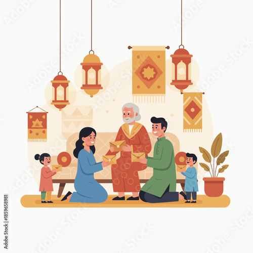 A multi-generational Muslim family celebrating Eid, exchanging Eidi envelopes in a beautifully decorated home with traditional lanterns and rugs.