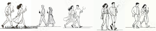 vector line art of a man and a woman walk enjoying coffee