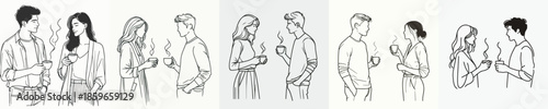 vector line art half body of a man and a woman stand enjoying coffee