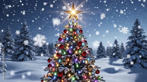 Decorated christmas tree in snowy landscape with festive lighting and snowflakes in winter season