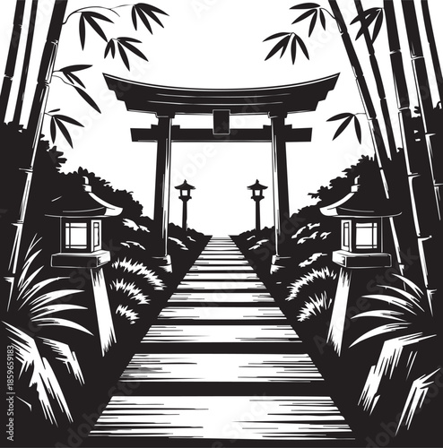 Black and white japanese torii gate with lanterns on a path surrounded by bamboo and plants