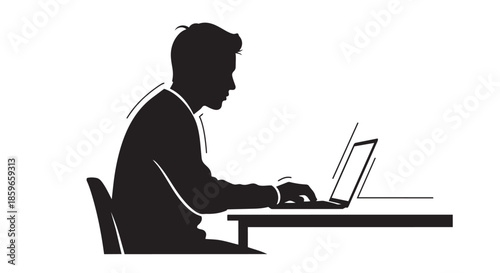 Man in silhouette focused on working with his laptop at a desk in a professional setting