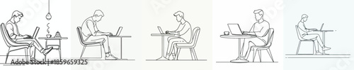 vector line art of a man working from cafe with laptop and enjoying coffee
