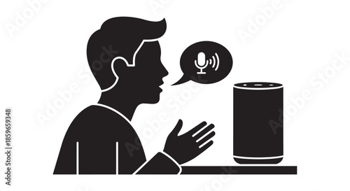 A person communicating with a smart voice assistant device using voice commands