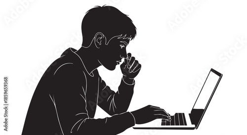 A young man in silhouette focused on his laptop, contemplating a solution