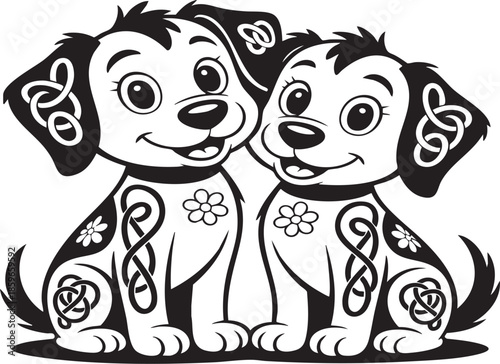 Two cute dogs with celtic knot designs and flowers on their bodies sitting together in a playful pose