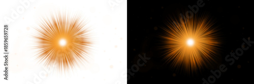Abstract cosmic explosion with glowing particles and a central bright light isolated on transparent background