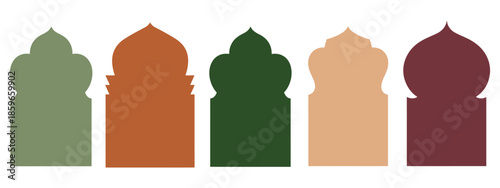 Islamic door and window silhouette, Arabic arch vector, oriental frame design, decorative Muslim patterns, mosque gate shape isolated, Ramadan celebration illustration.