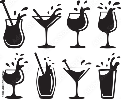 Collection of eight black silhouettes of various glasses with splashing drinks, including wine glasses, cocktail glasses, and tumblers with straws, on a white background