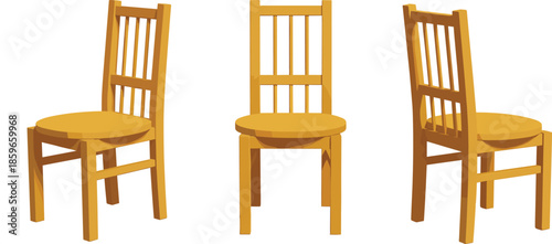 Wooden dining chair vector illustration shown from multiple angles isolated on white background for interior furniture design and home decor projects