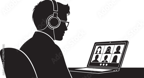 A person attending an online video conference call on a laptop wearing headphones