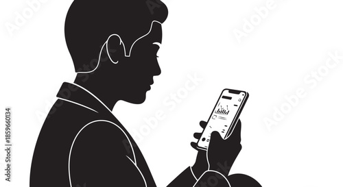 A professional's silhouette observing financial charts and analytics on a mobile device