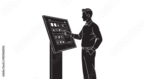 A man interacting with a modern touchscreen kiosk for information or self-service