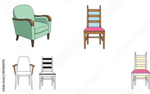 Armchair and wooden chair vector set with colored and outline styles isolated on white background for interior furniture and home decor design