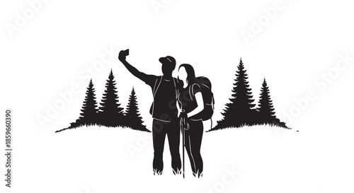 Adventurous couple takes a memorable selfie during their hike amidst scenic pine trees