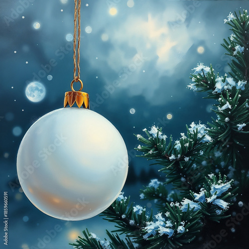 A white Christmas ornament hangs from a pine tree branch
